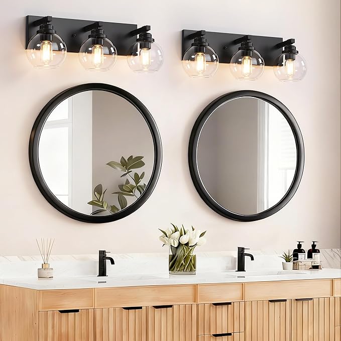 LmnLvn Bathroom Light Fixtures, 3-Light Matte Black Vanity Lights, Modern Bathroom Lighting Fixtures Over Mirror, Farmhouse Vanity Lights with Glass Shade for Living Room, Bedroom, Hallway