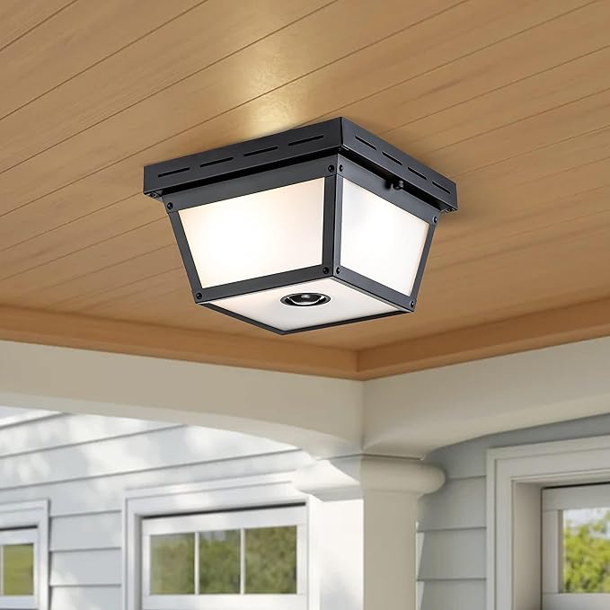 c cattleya 2-Light Motion Sensor Ceiling Light Fixture Outdoor Flush Mount Light Porch Lights Ceiling Mount Black with Textured Glass for Front Porch Deck Covered Patio Hallway