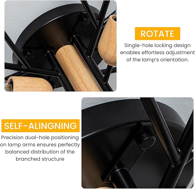 4 Light Sputnik Light Fixture Black Flush Mount Lights Industrial Ceiling Light Wood 25.24" Modern Farmhouse Ceiling Lights for Kitchen Bedroom Bathroom Foyer Hallway(E26)
