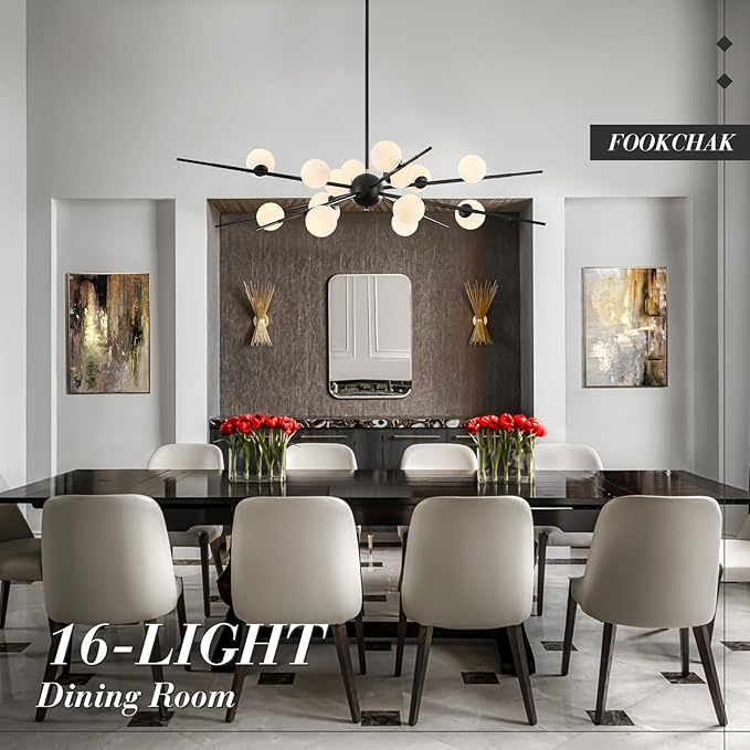 Large Black Sputnik Chandelier 51in 16-Light Frosted Glass Chandelier Light Fixture Mid-Century Modern Molecular Chandeliers for Large Living Room Dining Room Foyer Kitchen Bedroom