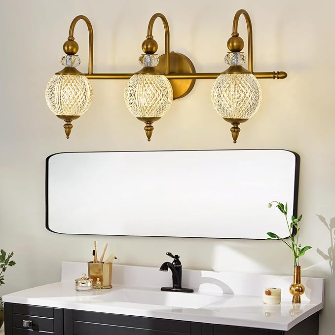 Vintage Vanity Light 3 Lights Gold Bathroom Light Fixtures Over Mirror with Acrylic Globe Shade