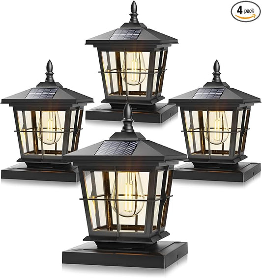 NIORSUN Solar Post Lights Outdoor, Fence Post Solar Lights with 3 Color Temperatures, Edison LED Bulbs Garden Patio Fence Deck Decor, 4x4 Posts Caps, 4x4, 5x5 Wooden & Vinyl (4 Pack,Black)