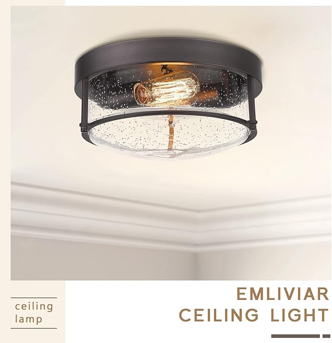 Emliviar 2-Light Ceiling Light Fixture, Farmhouse 12 inch Close to Ceiling Light with Seeded Glass, Oil Rubbed Bronze Finish, GE263F ORB