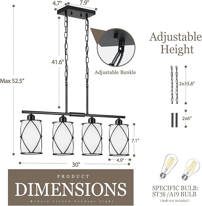 4-Light Kitchen Island Lighting, Modern Black Linear Dining Room Light Fixtures with Milk Glass, Farmhouse Industrial Chandelier Pendant Light for Kitchen Island Dining ROM, CH9176BKW-4IS