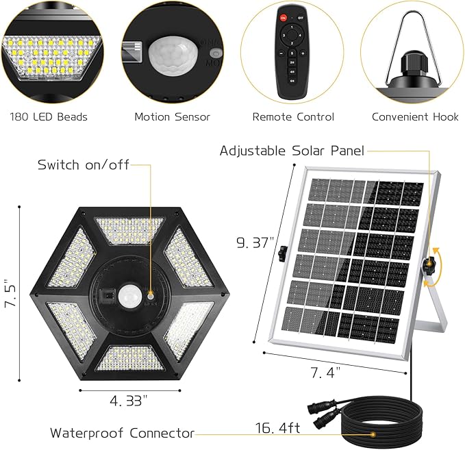 Deogos Solar Pendant Lights, Dual Head Solar Shed Lights with Motion Sensor for Outdoor,180 LED Solar Indoor Lights with Remote Control for Barn Gazebo Garage Garden Home