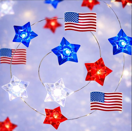 BOHON 4th of July Decorations Battery Operated String Lights 13 ft 40 LEDs | Red White and Blue Star American Flag Lights for Home Patriotic Memorial Independence Day Fourth of July Decor with Timer