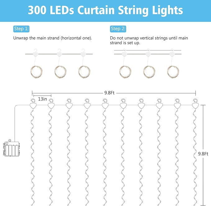 echosari Curtain Lights Battery Operated, 300 LED Fairy Curtain Lights 9.8 x 9.8Ft with Timer Hooks for Bedroom Wedding Backdrop Indoor Decor (Cool White)