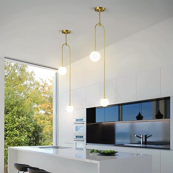 Modern Milk Glass Pendant Light 2 Light Mid Century Chandelier Small Glass Globe Gold Pendant Lights for Kitchen Island Bedroom Dining (2 Pack)