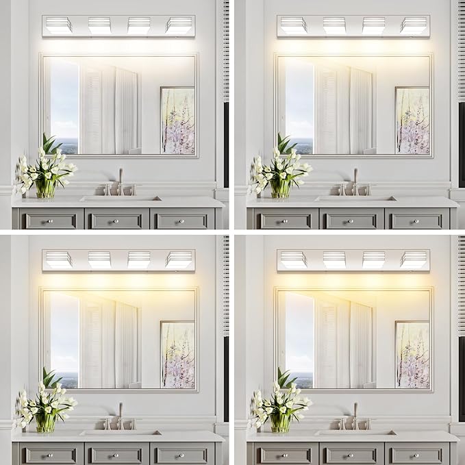 LED Modern Bathroom Vanity Light Fixtures (4-Light, 30-Inch)(5CCT, Dimmable), Chrome Modern Bathroom Wall Lighting Fixtures Over Mirror (3000K/3500K/4000K/5000K/6000K)