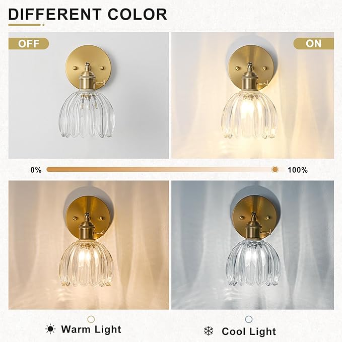 Hardwired Wall Sconce Light, Vintage Wall Sconce with Switch, Gold Wall Light Fixture with Tulip Transparent Glass Lampshade, Indoor Wall Light for Bedroom Bathroom, Bedside Wall Lamp