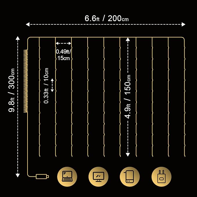 Meonum 1 Pack 195LED Curtain Tapestry Backdrop String Lights, Each 13 Strings 6.6 x 5 ft Tapestry Fairy String Light, 8 Modes Window Wall Hanging Light Strings for Bedroom Christmas Curtain Decor