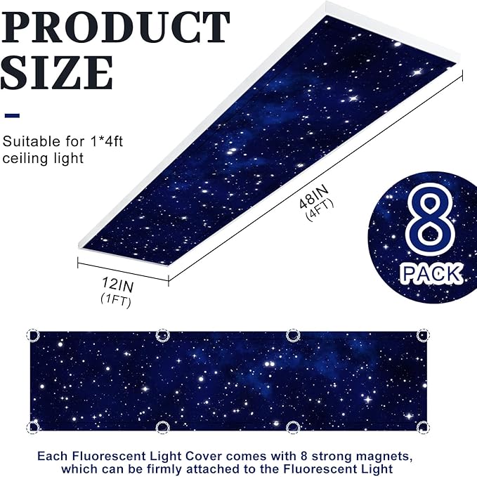 8 Pcs 1 x 4 Feet Fluorescent Lights Covers Magnetic Ceiling Light Cover with 8 Magnets Fluorescent Light Filters for School Classroom Home Drop Lamp Decor (Starry Sky)