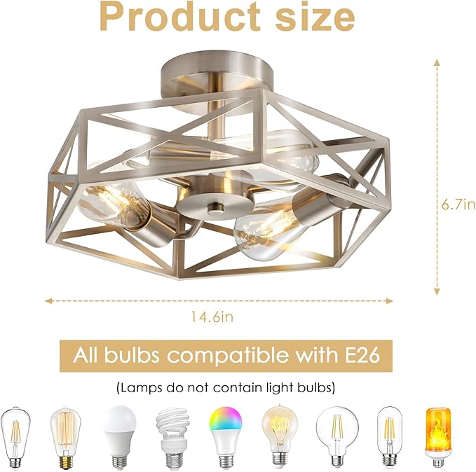 2 Pack Close to Ceiling Light Fixtures, 3-Lights Cage Flush Mount Ceiling Light, 14.5 Inch Brushed Nickel Semi Flush Mount Ceiling Light for House Bedroom Laundry Hallway Kitchen