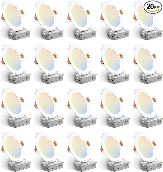 Amico 20 Pack 6 Inch 5CCT Ultra-Thin LED Recessed Ceiling Light with Junction Box, 2700K/3000K/3500K/4000K/5000K Selectable, 12W Eqv 110W, Dimmable Can-Killer Downlight, 1050LM Wafer Lighting - ETL