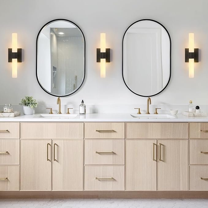 KUZZULL Wall Sconces Set of Two Matte Black Modern Bathroom Sconces Lighting Set of 2 Frosted Glass Shade Indoor Wall Lamp Wall Mounted Lights Metal Wall Light Fixtures for Living Room Stairs