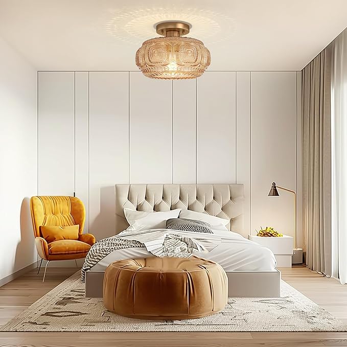 Semi Flush Mount Ceiling Light, Upgraded Larger Amber Glass Ceiling Light Fixture, Vintage Lighting for Hallway Kitchen Bedroom Dining Room, Bulb Not Included