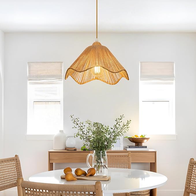 2 Pack 12.4" Wave Rattan Chandelier Pendant Lights Kitchen Island,Farmhouse Boho Chandeliers Adjustable Height Hanging lamp for Dining Room,Kitchen Ceiling Light Fixtures Woven Wicker Lampshade