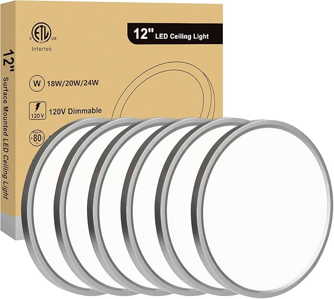 12 Inch Flush Mount Light, Dimmable 5CCT Selectable, 0.67 Inch Slim Round, 24W Surface Mount LED Ceiling Light for Laundry, Office,12 Inch 6Pack Silver