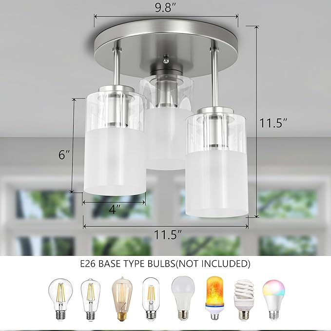 Maxax 3-Lights Nickel Semi Flush Mount Ceiling Light Fixture, 11.5" Modern Farmhouse Light Fixture with Clear Frosted Glass, E26 Base, for Kitchen, Foyer, Hallway, Entryway, Bedroom, Stairs