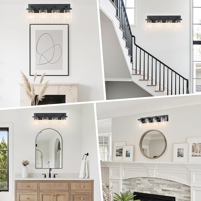 4-Light Bathroom Lighting Fixtures over Mirror, Matte Black Vanity Lights with Square Transparent Glass Shade. Modern Bathroom Vanity Light for Mirror Kitchen, Living Room, Gallery, Hallway