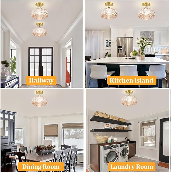 Semi Flush Mount Ceiling Light,Vintage Ceiling Light Fixture,Upgrade Sloped Ceiling Light Fixture with Amber Glass Shade,Art Decor Light Fixture,Kitchen Lighting Fixtures for Bedroom,Porch