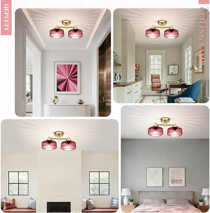 2-Light Purple Flush Mount Ceiling Light Fixture, Modern Close to Ceiling Chandelier, Overhead Lighting for Bedroom, Hallway, Entryway, Living Room, Easy to Install