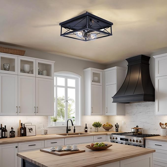 COTULIN 2-Pack Farmhouse Black Flush Mount Ceiling Lights, Industrial Square Metal Cage Light fixtures for Bedroom Hallway Kitchen Balcony Porch Stairway