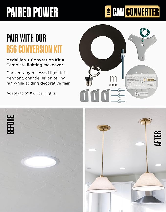 The Can Converter Ceiling Medallion for Recessed Can Light – Home Improvement Decorative Steel Flat Goof Ring & Cover Plate for 5" & 6" Cans, Small Ceiling Medallion for Chandeliers, Matte Black