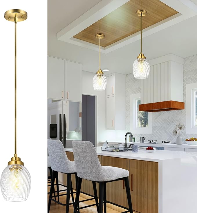 Glass Pendant Lights Kitchen Island,Twisted Clear Glass Treatment Pendant Light,Modern Hanging Light for Kitchen Sink Dining Room Bedroom, E26 (Brushed Gold, 2pack)