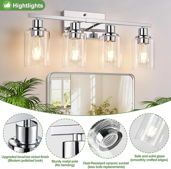 Indoi 4 Light Bathroom Light Fixtures, Chrome Vanity Lights with Clear Glass Shades, Modern Bathroom Light Fixtures Over Mirror, Modern Bathroom Wall Lamp for Mirror Living Room Cabinet