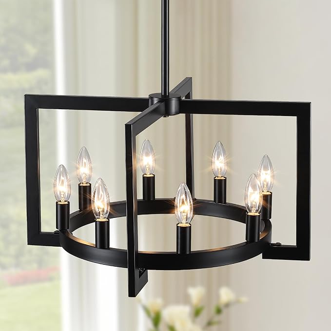 21.65" Modern Black Chandelier 8-Lights Geometric Industrial Round Pendant Light, Hight Adjustable, Vintage Light Fixtures for Kitchen Island Dining Room Living Room and Foyer