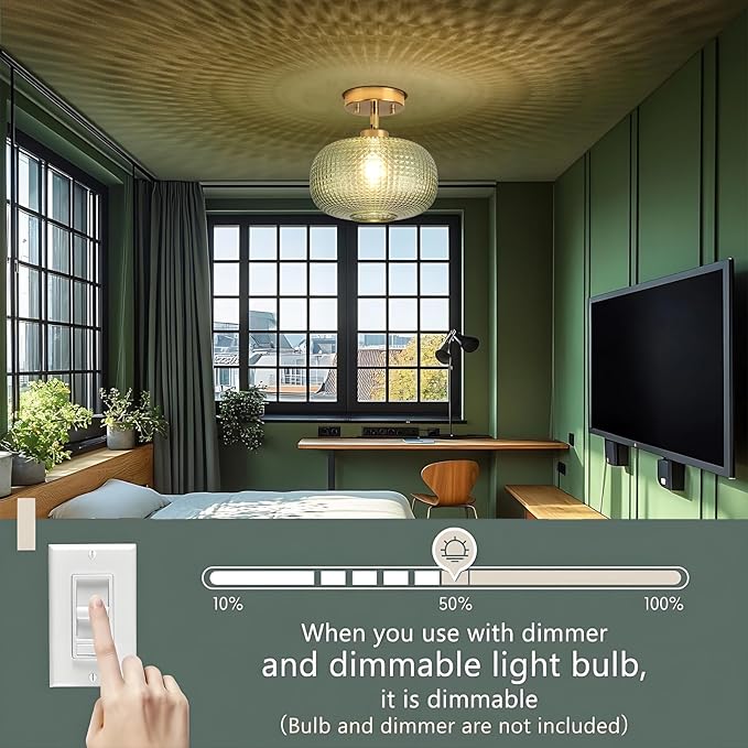 Modern Semi Flush Mount Ceiling Light, Vintage Green Glass Shade with Adjustable Hanging Gold Sloped Ceiling Lights Fixtures for Hallway Entryway Kitchen Bedroom Laundry Room,1-Light,9.84 Inch