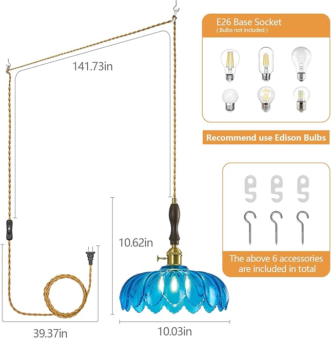 Modern Blue Plug in Glass Pendant Light Retro Flower Glass Hanging Lamp Gold Brass Decorative Adjustable Ceiling Hanging Light Suitable for Kitchen Island Bedroom Dining Room Living Room