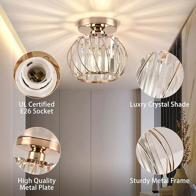 Crystal Ceiling Light, Crystal Semi Flush Mount Ceiling Light Gold Crystal Chandelier for Kitchen Hallway Entrance Balcony Dining Rooms Living Rooms Bar Farmhouse