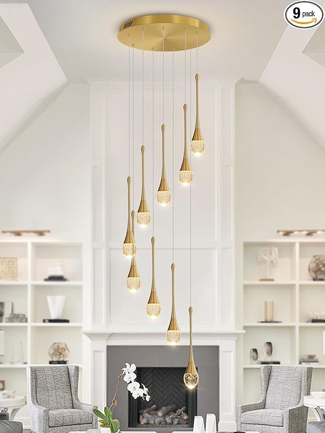 ykolupty H100'' Modern Chandelier 9-Lights Gold Foyer Entrance Chandeliers High Ceiling Chandelier LED Dimmable 2700-6000K Fixtures
