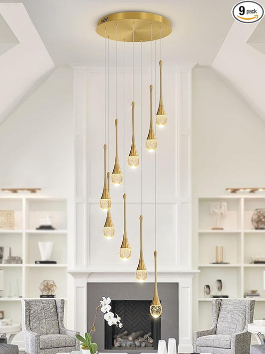 ykolupty H100'' Modern Chandelier 9-Lights Gold Foyer Entrance Chandeliers High Ceiling Chandelier LED Dimmable 2700-6000K Fixtures
