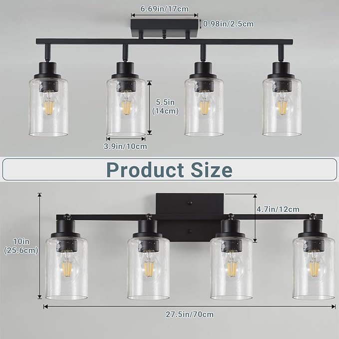 LOUSACE Flexible Track Lighting Kit, Black 4-Light Flush Mount Ceiling Spotlights with Seeded Glass, Bathroom Vanity Lighting Modern Track Light Fixtures Ceiling for Kitchen