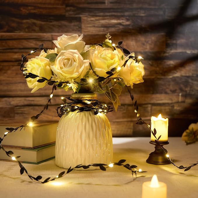 Leaves String Lights Black 6.56ft 20 LED Tiny Artificial Ivy Leaf Vine with Fairy Lights Battery Operated for Room Decor Bedroom Wedding Holiday Party Table Decor, 2PCS