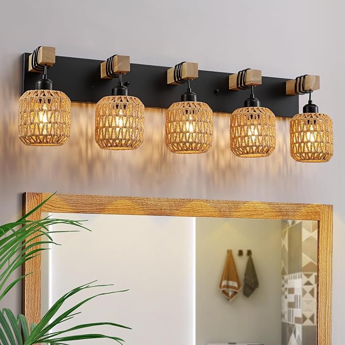 LmnLvn 36" Boho Bathroom Light Fixture, 5-Light Farmhouse Vanity Light, Rattan Bathroom Light Fixture Over Mirror Rustic Vanity Lighting with Handwoven Shades, Suit for Restroom, Bedroom, Hallway