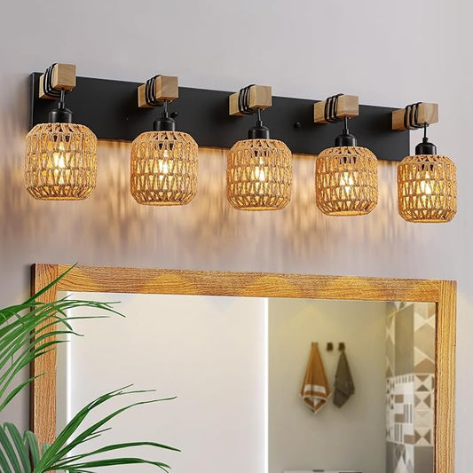 LmnLvn 36" Boho Bathroom Light Fixture, 5-Light Farmhouse Vanity Light, Rattan Bathroom Light Fixture Over Mirror Rustic Vanity Lighting with Handwoven Shades, Suit for Restroom, Bedroom, Hallway