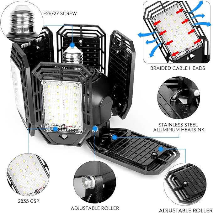 4 Pack LED Garage Lights 180W Deformable 18000LM Close to Ceiling Light Fixtures E26 E27 Screw-in Six Leaf Glow Lighting, Ultra Bright LED Shop Light with 6 Adjustable Panels for Work Shop Warehouse
