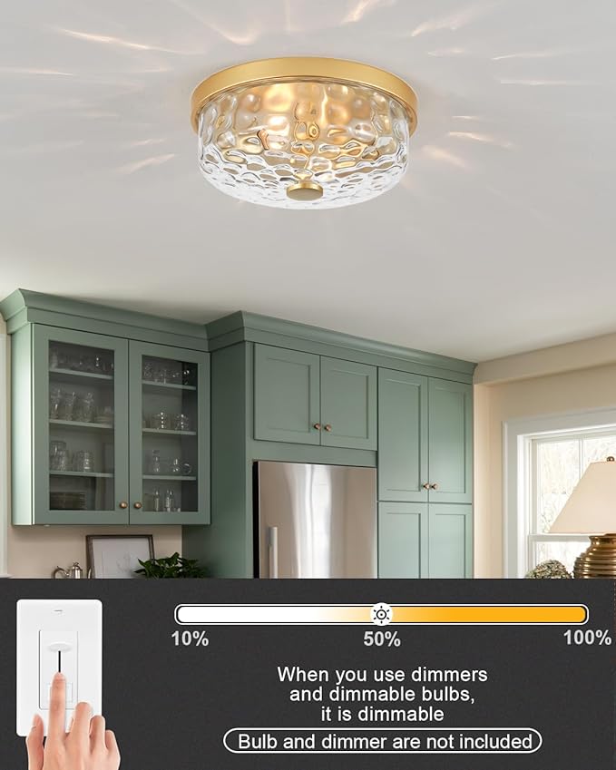 12 Inch Farmhouse Flush Mount Ceiling Light, 2 Light Industrial Close to Ceiling Light, Industrial Ceiling Lighting Fixture for Kitchen Hallway Bedroom Living Room (12.2 Inch Gold)