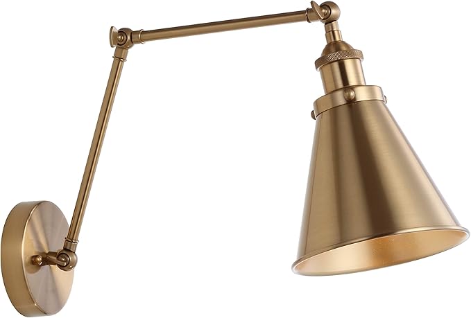 JONATHAN Y 7" Brass Gold Classic Industrial Metal Adjustable Arm LED Wall Sconce for Bedside Reading, Farmhouse Swing Arm Wall Lamp with Metal Shade, Hardwired (JYL7461A)