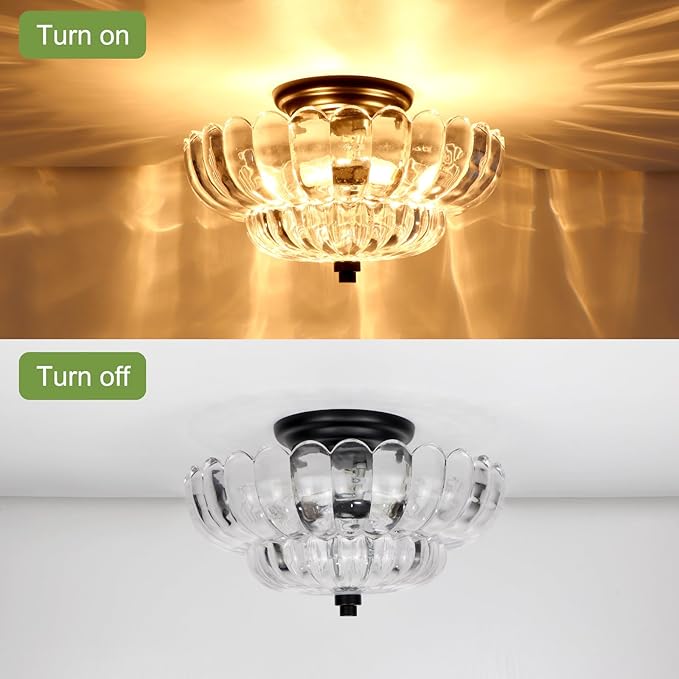 11.8-Inch Black Semi Flush Mount Ceiling Light, Modern 3-Light Clear Glass Chandelier Light Fixture for Bedroom Kitchen Bathroom Hallway Close to Ceiling Light