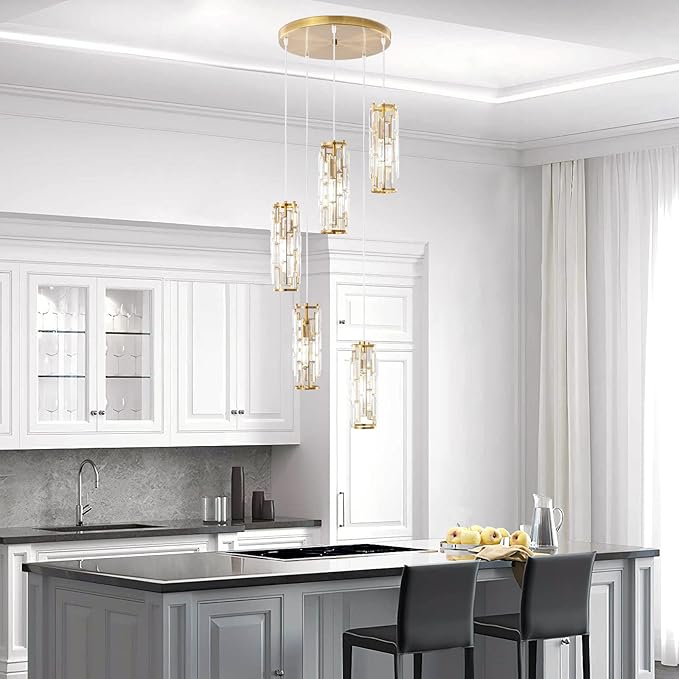 LMQNINE Pendant Light, Gold Modern Pendant Light Fixtures, Mini Crystal Chandeliers, Adjustable 5-Light Pendant Lighting for Kitchen Island Dinning Room Bedroom (Gold 5-Light)
