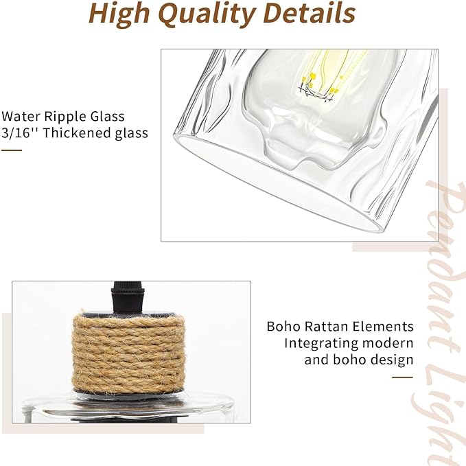 2 Pack Farmhouse Pendant Lights for Kitchen Island, Water Ripple Glass Hanging Light Fixture, E26 Black Island Lights for Kitchen, Dining Room, Bedroom, 41" Adjustable Cord, Bulb Not Included