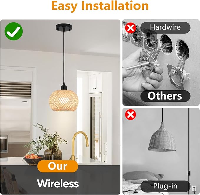 Boho Pendant Light Battery Operated,Rechargeable Woven Pendant Light with Remote,Rattan Pendant Light Fixtures for Kitchen Island,Wicker Hanging Lights for Dining Room Bedroom Hallway Entryway.