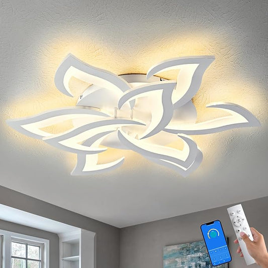 HuixuTe 31" White Modern Geometric Dimmable Ceiling Light Fixture, 9 Leaves Low Profile Flush Mount Ceiling Light for Kitchen, Bedroom, Living Room