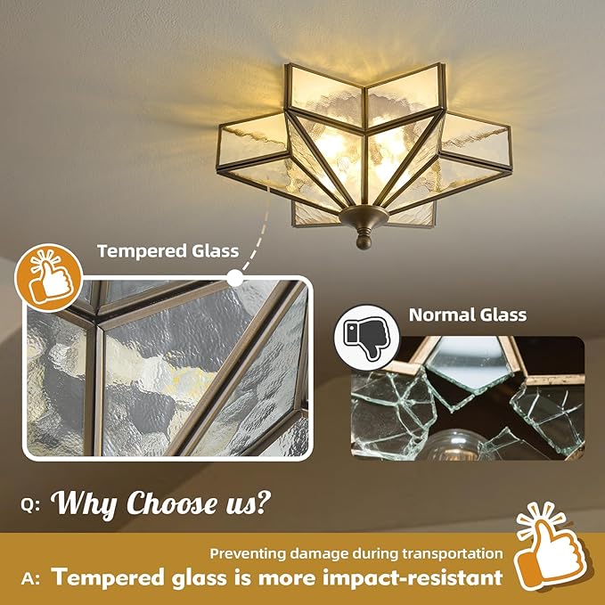 Star Vintage Bronze Ceiling Light - 12.2 in Small Hammered Glass Antique Flush Mount Fixture - Mid Century Black Art Deco Lighting for Kitchen Hallway Bedroom Bathroom Laundry Entryway Farmhouse Hall