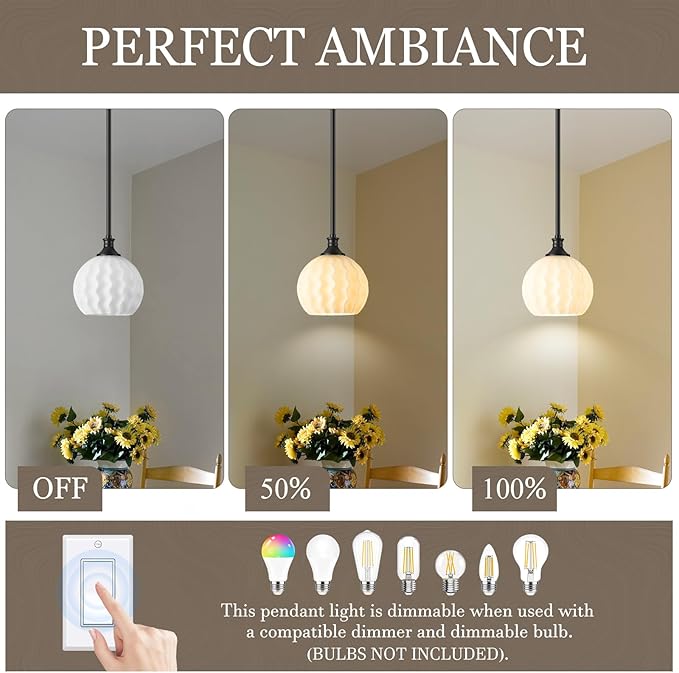 Black Pendant Lights Kitchen Island, 1-Light 7.3" Modern Milk Glass Pendant Light Fixtures with Rods, Globe Hanging Lighting for Kitchen Sink Bathroom Dining Room, E26 Base